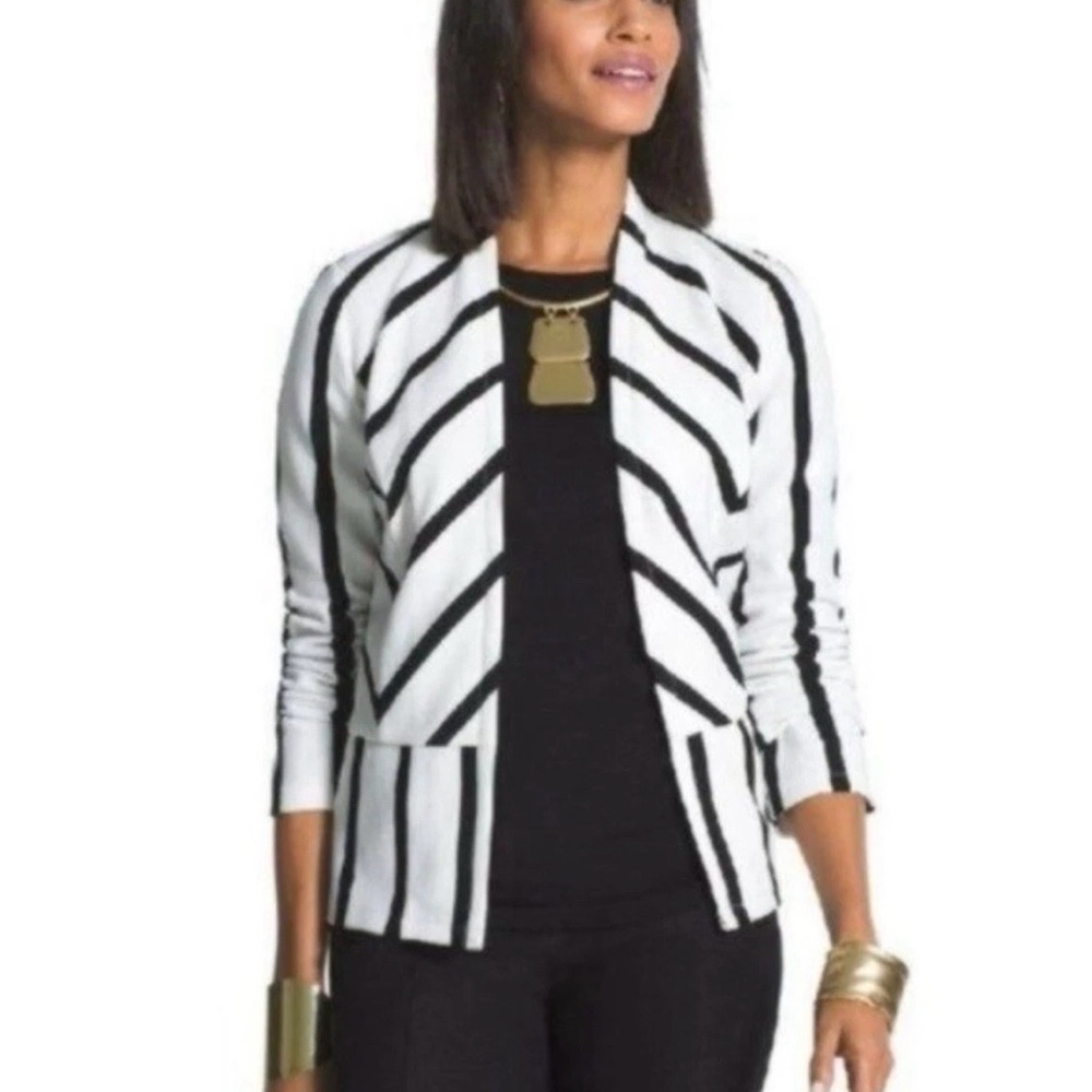 NWT Chico’s Size 1 Petite Ottoman Long Sleeve Stripe Jacket Ecru Black‎ Stretch